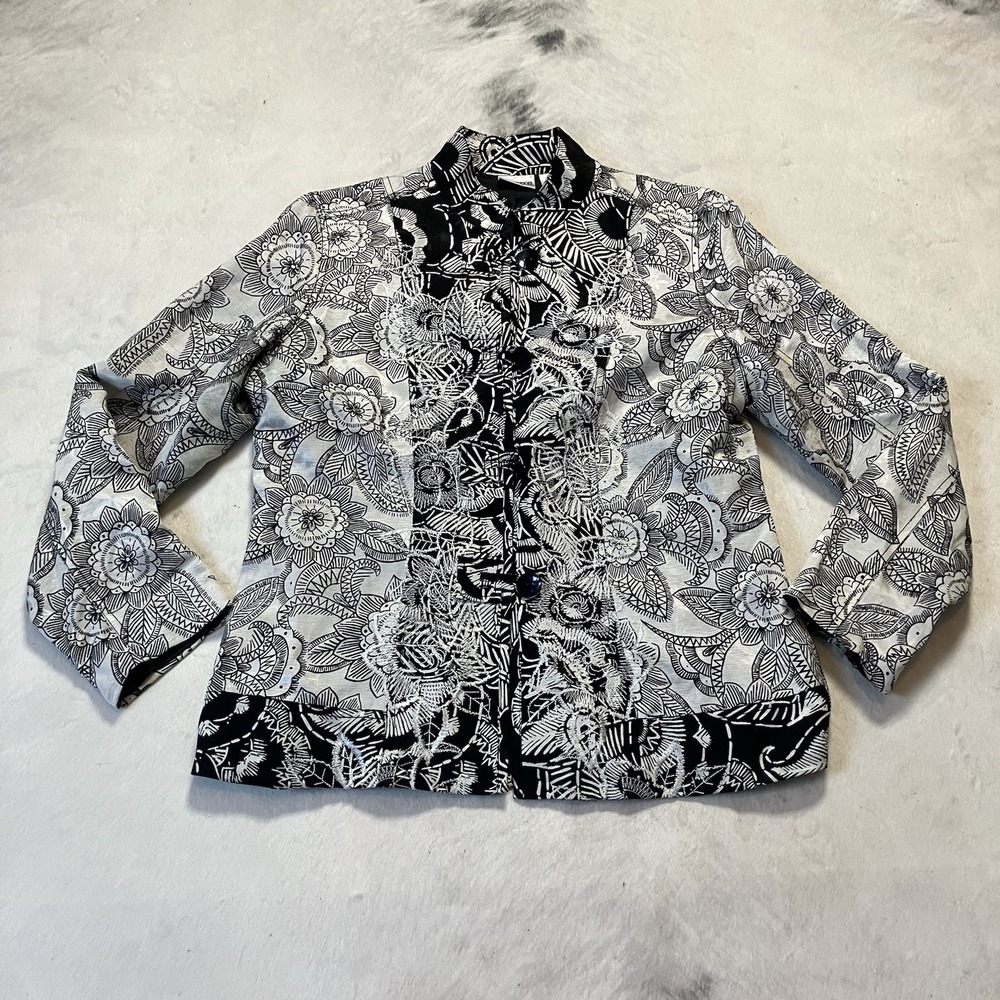 Chicos Blazer Jacket 1 Medium Kimono Asian Floral Embroidered Silk‎ Linen